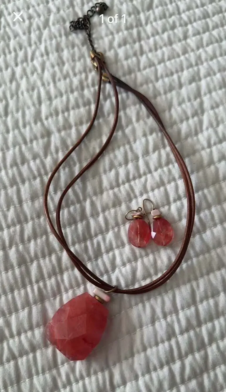Coral  Quartz Gemstone Pendant Necklace and Matching Dangle Earrings Set